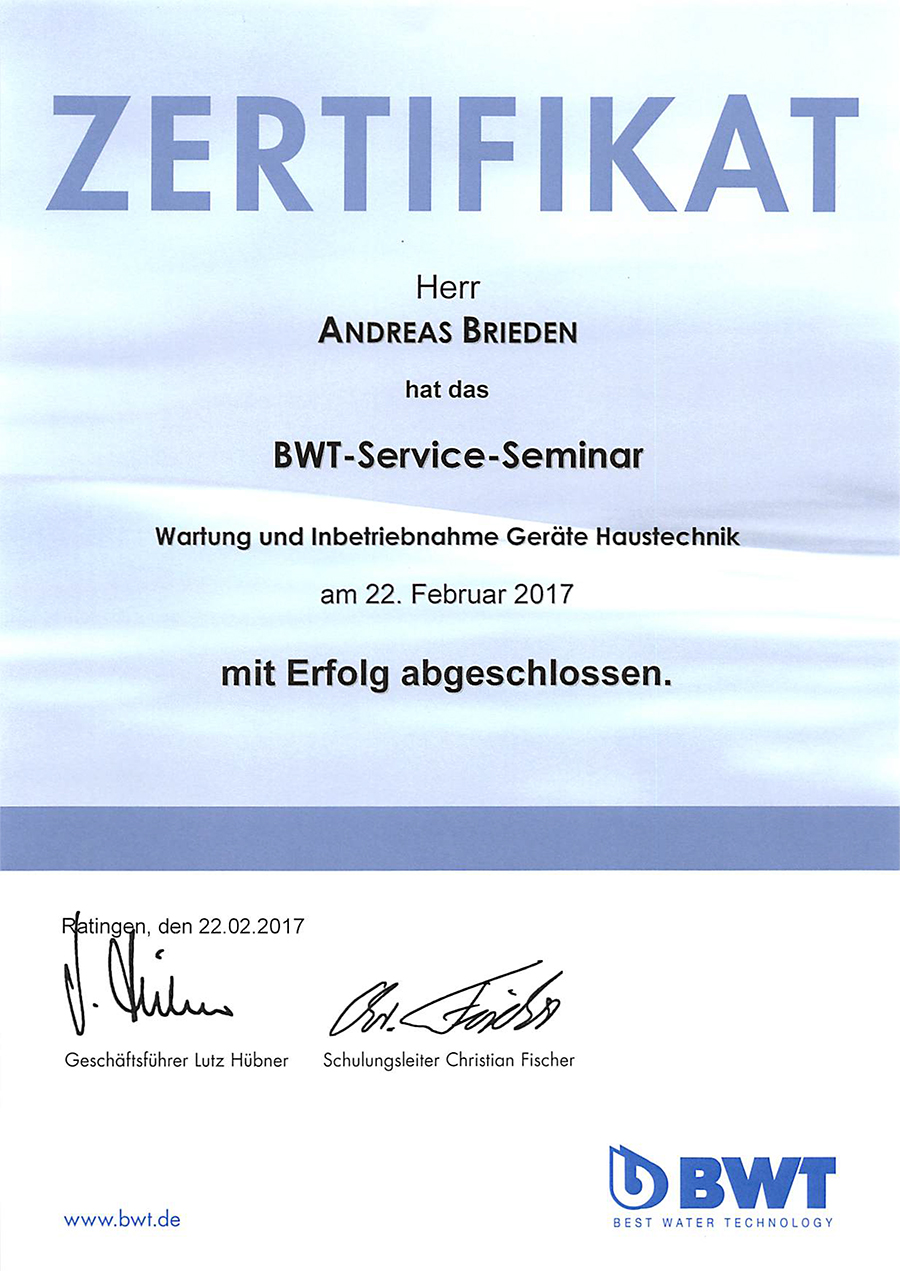 Andreas Brieden: Zertifikat BWT-Service-Seminar