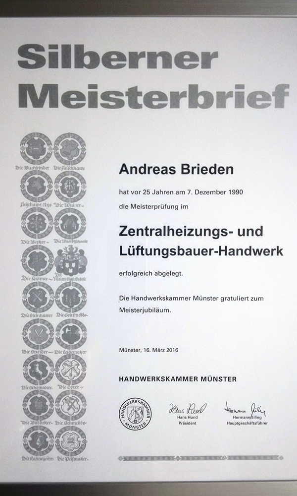 Andreas Brieden: Silberner Meisterbrief Heizungsbau
