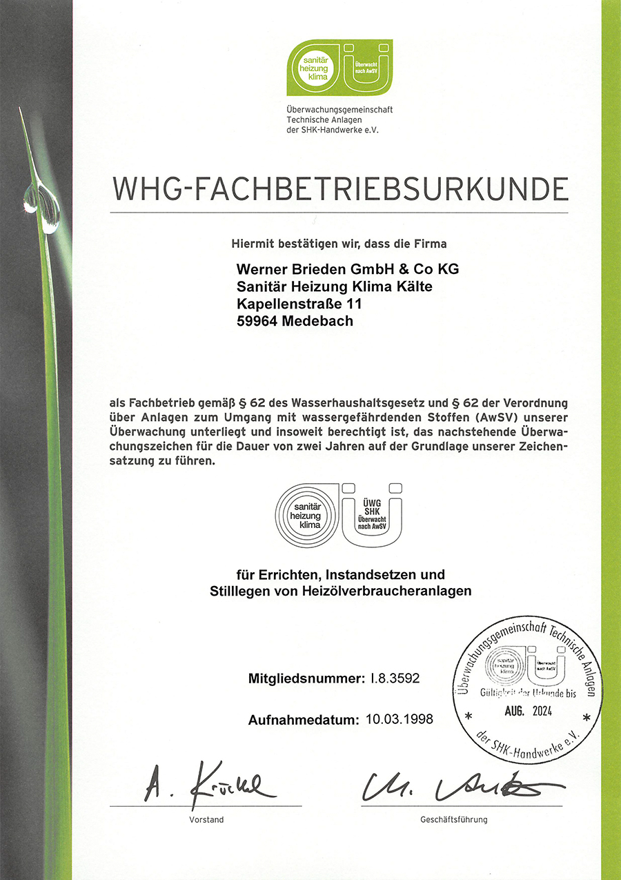Werner Brieden GmbH & Co. KG: WHG-Fachbetriebsurkunde für das Errichten, Instandsetzen und Stilllegen von Heizölverbraucheranlagen